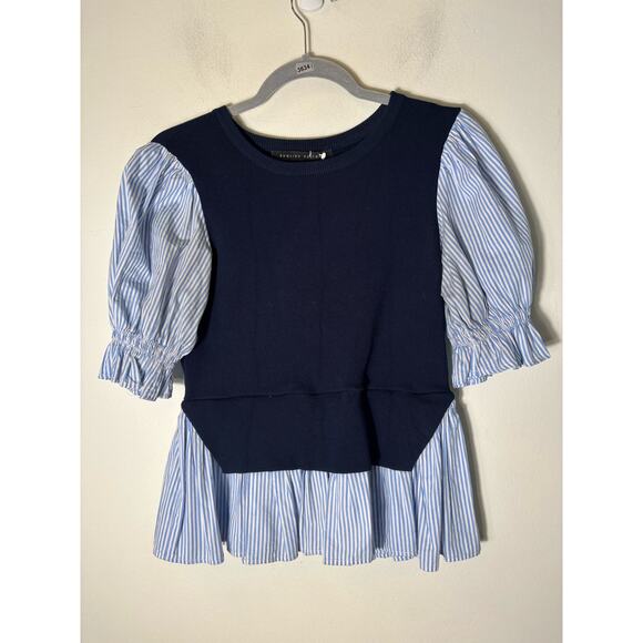 English Factory Blue Mixed Media Layered Sweater with Light Blue Pin Stripe S XS - Picture 1 of 2
